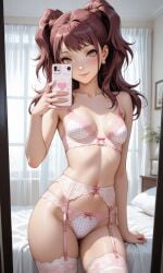 1girl ai_generated bedroom bra brown_eyes brown_hair closed_mouth earrings frilled_panties frilly_bra garter_belt garter_straps hip_tilt indoors lingerie long_hair looking_at_viewer panties persona persona_4 phone pink_lingerie seductive_look selfie small_breasts smile standing twintails