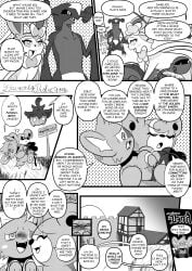 2025 8_panel_comic absurd_res angry anthro biped black_sclera black_text blush blush_lines bodily_fluids bow_ribbon building claws comic detailed_background dialogue eeveelution end_page english_text exclamation_point eye_roll eyebrows eyelashes eyes_closed female feral floating garchomp generation_2_pokemon generation_4_pokemon generation_6_pokemon genital_fluids group heavenlyproductions hi_res male monochrome mouth_closed nintendo open_mouth open_smile pawpads paws peeing pokemon pokemon_(species) pumpkaboo pupils quadruped question_mark scizor sharp_teeth shinx sign signature smile speech_bubble standing sylveon talking_to_another teddiursa teeth text tongue urine watersports white_pupils