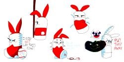 2026 aliasing angry animate_inanimate big_penis blush bonus-kun_(sunsoft) clothed clothing digital_media_(artwork) egg english_text fake_ears fake_rabbit_ears fake_rabbit_tail fake_tail fernandez genitals lying male monster on_back penis playboy_bunny playboy_outfit pole sex_toy slem sphere_creature sunsoft text vibrator waddling_head waku_waku_7