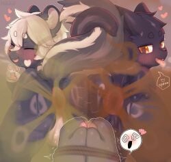 absurd_res anal anthro anus domestic_cat duo fart fart_cloud fart_fetish felid feline felis hi_res hikku male male/male mammal mephitid puffy_anus skunk wet