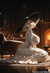 1girl ai_assisted ai_generated artist_name blonde_hair bookshelf breasts candle candlestand cleavage cosplay curvaceous curvy curvy_female curvy_figure dress female gloves grace_ashcroft hat indoors jewelry large_breasts lips lipstick long_dress looking_at_viewer makeup miyuai parted_lips resident_evil resident_evil_9:_requiem short_hair sitting smile solo thick thick_ass thick_butt thick_hips thick_legs thick_thighs voluptuous voluptuous_female watermark web_address white_dress wide_hips wide_thighs yellow_eyes