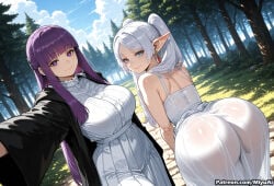 2girls ai_assisted ai_generated ass bangs bare_shoulders blunt_bangs blush braid breasts closed_mouth curvaceous curvy curvy_female curvy_figure dark_elf day dress earrings elf female fern_(sousou_no_frieren) frieren jacket jewelry large_breasts long_hair looking_at_viewer looking_back miyuai mole multiple_girls outdoors outstretched_arm panties pantylines pointy_ears ponytail purple_eyes purple_hair see-through sidelocks silver_hair smile sousou_no_frieren thick thick_ass thick_butt thick_hips thick_legs thick_thighs tree twintails underwear voluptuous voluptuous_female wet wet_clothes white_dress white_panties wide_hips wide_thighs