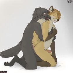 2026 anal anal_penetration anthro avian balls beak bird black_nose blonde_hair blush bodily_fluids brown_eyes canid canine claws corvid corvus_(genus) duo edgar_vladilisitsa english_text erection eyes_closed fox from_behind_position fur genital_fluids genitals gloves_(marking) grey_body grey_fur grey_hair hair hand_on_chest hand_on_knee hand_on_leg happy happy_sex hi_res joseph_corbeau kneeling kristhelynx male male/male mammal markings moan multicolored_body multicolored_fur open_beak open_mouth oscine passerine penetration precum raised_tail raven sex simple_background sound_effects tail teeth text tongue