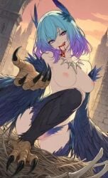 1girl 1girls ai_generated ass bird_feet bird_legs black_feathers blood_on_face blue_feathers blue_hair bone boobs breasts harpie_lady harpy harpy_girl meat my_oc3 necklace palace pink_nipple pink_nipples pruple_eyes pruple_hair pussy pussy_hair pussy_juice tits white_body white_boobs white_breasts white_skin white_tits