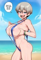 ai_generated huge_breasts sling_bikini speech_bubble text uzaki-chan_wa_asobitai! uzaki_hana waifu_goblin