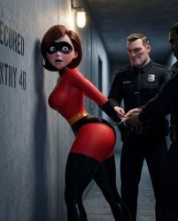 ai_generated attitude backview big_ass bodysuit brunette brunette_female brunette_hair captured confident cuffed dungeon elastigirl facility gigantic_ass guard hallway hand_cuffs handcuffed helen_parr high_heels huge_ass infiltration latex looking_at_viewer mask masked_female milf round_ass sexy sexy_body sexy_waist shocked shocked_expression shocked_eyes sneaking spy stealth superhero superheroine the_incredibles thick thick_ass thick_thighs tight_clothes tight_clothing tight_fit underground