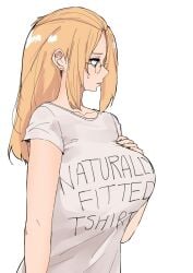 1girl bangs_pinned_back blonde_hair blue_eyes breasts folded_hair from_behind glasses hair_behind_ear hair_pulled_back hand_on_own_chest highres inne_sulistya_robin large_breasts looking_down norman_maggot original shirt simple_background solo white_background white_shirt