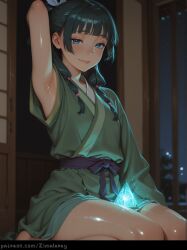 1girl absurdres ai_generated arm_behind_head arm_up armpit_focus armpits beads best_quality black_hair blue_eyes blunt_bangs blush closed_mouth depth_of_field detailed_eyes detailed_face dim_lighting freckles glossy_skin green_hair hair_beads hair_behind_ear hair_ornament hair_over_shoulder hair_ribbon hi_res high_quality high_resolution highres indoors kusuriya_no_hitorigoto long_hair long_sleeves looking_at_viewer maomao_(kusuriya_no_hitorigoto) masterpiece night night_indoor patreon_username seductive_smile shiny_skin sitting smile solo sweat sweat_droplets thigh_focus thighs twintails wariza web_address zimalarey