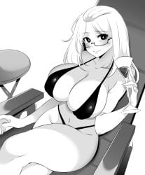 1girl absurdres aliasing azmi-nsfw bangs_pinned_back bare_arms bare_shoulders bikini blush borrowed_character breasts cleavage cocktail_glass crossed_legs cup curvy deck_chair drinking_glass dutch_angle eyes_visible_through_hair facing_viewer feet_out_of_frame folding_chair folding_table glasses greyscale hair_pulled_back halterneck head_tilt highleg highleg_bikini highres inne_sulistya_robin large_breasts light_smile long_hair looking_at_viewer looking_over_eyewear monochrome navel norman_maggot original pinky_out revealing_clothes sitting skindentation solo swimsuit table thick_thighs thighs zuyu_(zuyuzuyu6)