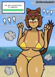1female 1girls 1robot 2026 bikini blush boobs breasts brown_hair brown_tail cat_ears cat_girl cat_humanoid cat_tail curvy curvy_figure furry gameoverse glitch_productions kaboodle_(gameoverse) kit_(gameoverse) kit_bodega large_breasts minecraft_background purple_eyes shock shocked_eyes short_hair silentdude01 thick_legs thick_thighs