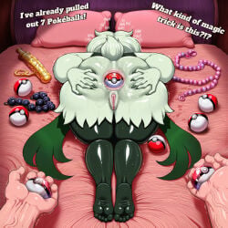 ai_generated anal_beads anal_insertion anus ass_to_viewer badendbat_(artist) bedroom female female_anthro furry hands_on_ass holding_object holding_poke_ball light-skinned_male light_skin magic_trick male meowscarada novelai pokeball pokeball_in_ass pokemon pokemon_(species) pussy self_upload sex_toy spread_ass spreading_own_ass text