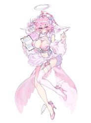 ahoge angel big_ass big_breasts cyan_eyes feather feet_up hat heart heel high_heels huge_breasts huge_thighs injection long_hair navel nurse nurse_clothes nurse_hat original_character pink pink_eyes pink_hair purple_ribbon ring savi_(byakushimc) savisavichan thighs white_background white_hat white_ribbon