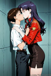 ai_generated belt black_skirt blush brown_hair bulge closed_eyes collared_shirt cropped_jacket cross earrings erection erection_under_clothes evangelion from_side genderswap genderswap_(ftm) jacket jewelry kiss long_hair male misato_katsuragi necklace neon_genesis_evangelion pants pencil_skirt purple_hair red_jacket shinji_ikari shirt short_hair short_sleeves skirt tehmar trans_woman transfem wall white_shirt