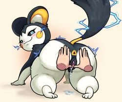 absurd_res all_fours anthro anus big_butt black_body black_fur black_nose black_sclera blue_eyes blush blush_lines bodily_fluids butt disembodied_hand electrogenesis emolga eyelashes feet female fur generation_5_pokemon genital_fluids genitals hi_res looking_at_viewer looking_back looking_back_at_viewer nintendo nude pokemon pokemon_(species) rear_view rosy_cheeks simple_background smile solo spread_vulva spreading thick_thighs vaginal_fluids vulva white_body white_fur wide_hips yawlyawl090 yellow_anus