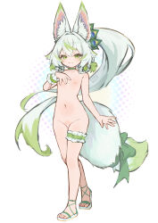 1girl animal_ear_fluff animal_ears bar_censor breasts censored chack520 chinese_commentary choker commentary_request completely_nude frilled_thigh_strap frills full_body green_eyes green_hair halftone halftone_background hand_up highres large_ears large_variant_set long_hair looking_at_viewer navel negiwolf nipples nude original peacock_feathers ponytail pussy ribbon sandals small_breasts tail tail_ornament tail_ribbon thigh_strap thighs variant_set white_background wolf_ears wolf_girl wolf_tail