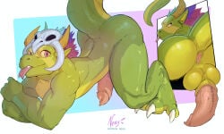 3_toes anthro anus balls big_butt bone bone_mask butt claws digital_media_(artwork) feet forked_tongue genitals green_balls green_body green_scales hi_res horn lihzahrd lizard looking_at_viewer male mask negy nude penis pink_eyes pose reptile scales scalie shimmered_witch_doctor simple_background skull skull_mask solo tail terraria toe_claws toes tongue tongue_out witch_doctor_(terraria)