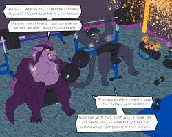 absurd_res anthro black_body black_fur black_hair blue_eyes brown_body brown_fur demon dirtymac domestic_cat dragon exercise felid feline felis female fur green_eyes hair hi_res magic male mammal muscular mythological_creature mythological_scalie mythology purple_body red_eyes scalie transformation workout yellow_sclera