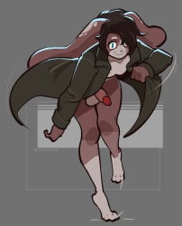 2026 3_toes anthro balls barefoot big_ears blue_eyes brown_body brown_fur brown_hair clothing coat feet fur genitals grey_background hair hair_over_eye hi_res humanoid_genitalia humanoid_penis lagomorph leg_markings leporid male mammal markings mostly_nude nipples pecs penis pose rabbit saucymauler short_hair signature simple_background smile socks_(marking) solo toes topwear trenchcoat