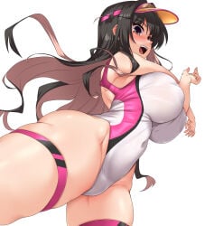 1girl black_hair black_one-piece_swimsuit breasts colored_inner_hair commentary_request competition_swimsuit covered_navel fang highres huge_breasts kantai_collection long_hair multicolored_hair multicolored_swimsuit naganami_(kantai_collection) one-piece_swimsuit open_mouth pink_hair pink_one-piece_swimsuit solo swimsuit teeth thigh_strap two-tone_hair upper_teeth_only very_long_hair visor_cap wavy_hair white_one-piece_swimsuit yellow_eyes yoshi_tama