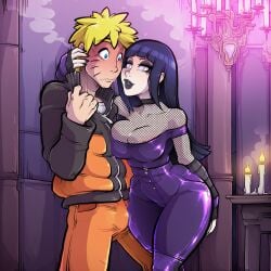 1boy 1girl ai_generated black_lipstick blush bustybunz cherry_blossoms commentary_request dominant_female femdom fishnets goth goth_makeup hand_on_face huge_breasts hyuuga_hinata lanterns latex makeup naruto_(series) naruto_shippuden naruto_uzumaki night outdoors shiny_clothes sitting_on_lap sweat tagme tight_clothes uzumaki_naruto