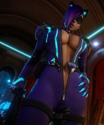1girls 3d 3d_(artwork) axistryker big_breasts big_nipples big_thighs bodysuit breasts breasts_out cat_ears cleavage curvaceous_female curvaceous_figure curvy curvy_body curvy_female curvy_figure curvy_hips highres hourglass_figure looking_at_viewer looking_down low-angle_view medium_breasts overwatch overwatch_2 sombra tits tits_out unzipped unzipped_bodysuit variant variant_set whip