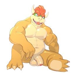 1:1 1boy 2_horns absurd_res anthro balls bowser countershading flaccid foreskin furry furry_male furry_only genitals glans hi_res horns humanoid_genitalia humanoid_penis jrjresq koopa looking_at_viewer male male_anthro male_only mario_(series) monotone_background muscles muscular muscular_anthro muscular_male nintendo nude penis red_hair reptile scalie simple_background sitting smile smiling_at_viewer solo solo_focus solo_male spread_legs spreading unretracted_foreskin vein veiny_penis white_background yellow_skin