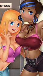 2girls big_breasts black_hair blue_eyes blue_hair booty_calls dark-skinned_female female female_only jessy_(booty_calls) long_hair necklace short_hair