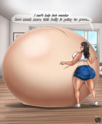 aged_up ass_focus blush cropped_shirt dialogue english_text from_behind fully_clothed gigantic_ass gigantic_belly hayase_nagatoro huge_breasts hyper hyper_pregnancy living_room looking_back please_don't_bully_me,_nagatoro pregnant shirt shocked shorts standing text white_wall wooden_floor