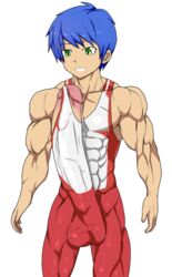 1boy big_balls big_penis blue_hair bulge fit green_eyes growth hyper_penis male male_only mlm4anemone muscle nipples original_character outfit pecs penis sport_suit tagme testicles yaoi