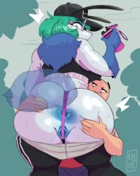 anthro anus arthropod biped blue_body bodily_fluids bottomwear bottomwear_down breast_squish breasts butt clothed clothing eyelashes eyewear female genitals glasses glistening glistening_body green_hair hair hat headgear headwear hi_res human human_on_anthro insect interspecies karakylia male male/female mammal pants pants_down partially_clothed pupils purple_clothing purple_thong purple_underwear rear_view red_clothing smile spread_butt spread_vulva spreading squish sweat sweaty_butt thong underwear vulva