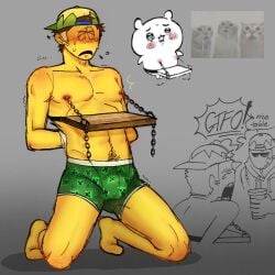 67qudurrr block_tales bulge chains finn_mccool_(block_tales) gay megaphone_man_(block_tales) nipple_piercing nipples only_male peircings roblox roblox_game self_upload sunglasses whimpering yellow_skin