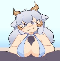 1boy 1girls anon anonymous_male beach beach_background big_breasts big_penis blush boobjob carpoongle clothed_paizuri commission horns horny_female paizuri precum self_upload titjob tits