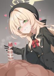 1boy 1girl 58_(user_ukss2338) bar_censor beret black_coat black_hat black_sailor_collar black_serafuku blonde_hair blue_archive bow bowtie censored clothed_female_nude_male coat commentary_request dark-skinned_male dark_skin fluffy_hair gloved_handjob gloves green_eyes hair_intakes halo handjob hat heart hetero highres long_hair looking_at_viewer nude pov professor_niyaniya_(blue_archive) red_bow red_bowtie sailor_collar school_uniform serafuku side_ahoge smile solo_focus two-finger_handjob yellow_halo