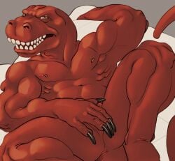 absurd_res anthro cheekbones claws dinosaucers dinosaur genghis_rex green_eyes hands_covering_crotch hi_res long_claws lying male manly muscular muscular_male narrowed_eyes pecs prehistoric_species raised_arm ravuer red_body red_skin reptile saurischian scalie sharp_teeth showing_armpit small_nipples solo teeth theropod tyrannosaurid tyrannosauroid tyrannosaurus tyrannosaurus_rex
