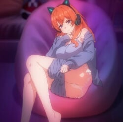 1girls ass blue_eyes breasts iya_na_kao_sare_nagara_opantsu_misete_moraitai iya_na_kao_sarenagara_opantsu_misete_moraitai_returns large_breasts looking_at_viewer orange_hair panties presenting screencap stitched thighs