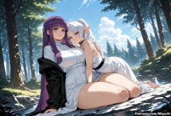 2girls ai_assisted ai_generated bangs bare_shoulders barefoot blunt_bangs blush breasts choker curvaceous curvy curvy_female curvy_figure day dress earrings elf eyebrows_visible_through_hair female fern_(sousou_no_frieren) frieren green_eyes jacket kneeling large_breasts long_hair looking_at_viewer miyuai multiple_girls nature off_shoulder outdoors parted_lips pointy_ears ponytail purple_eyes purple_hair see-through sidelocks sitting sky sleeveless sleeveless_dress sousou_no_frieren thick thick_ass thick_butt thick_hips thick_legs thick_thighs thighs tree voluptuous voluptuous_female wading water wet wet_clothes wet_dress white_dress wide_hips wide_thighs yokozuwari yuri