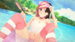1girls cleavage half-dressed half_naked half_naked_female heterochromia logang45 multicolored_hair neo_(rwby) pool popsicle rwby solo_female sunglasses sunglasses_on_head