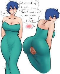 2021 aik_(xxxx52) blue_hair exposed_pussy female green_dress hole_in_clothing sequence tagme xxxx52