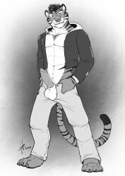 2020 absurd_res anthro athletic athletic_anthro athletic_male balls barefoot bottomwear claws clothed clothing dated erection facial_markings feet felid front_view full-length_portrait genitals glistening glistening_eyes hair head_markings hi_res hufnaar humanoid_genitalia humanoid_penis jacket looking_at_viewer male male_anthro mammal markings monochrome mouth_closed navel open_bottomwear open_clothing open_jacket open_pants open_topwear pantherine pants penile_spines penis portrait presenting presenting_penis short_hair simple_background solo standing striped_face striped_markings striped_neck striped_tail stripes tail tail_markings tiger toe_claws topwear