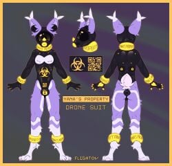 absurd_res anthro anus bat bdsm border bulge butt chastity_device clothing collar cuff_(restraint) drone english_text feet flightov flying fur gas_mask hazard_symbol hi_res jewelry latex latex_clothing latex_skinsuit male mammal mask midnight_flight_(character) model_sheet nipple_piercing nipples null_bulge pawpads paws piercing puffy_anus purple_body purple_fur qr_code restraints skinsuit solo stripes symbol tail text tight_clothing toes white_body yellow_eyes