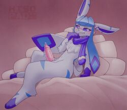 2026 accessory animal_genitalia animal_penis anthro bedding bedroom_eyes big_tail blue_sclera blush bodily_fluids chest_tuft cute_fangs eeveelution elemental_creature erection fangs felid feline feline_genitalia feline_penis femboy generation_4_pokemon genital_fluids genitals glaceon hand_under_chin head_tuft hi_res kisopad leaking_precum leaning leaning_backward leaning_on_object leg_markings looking_at_viewer male mammal markings narrowed_eyes navel nintendo penile_spines penis pokemon pokemon_(species) pokemorph precum scarf seductive shiny_pokemon signature socks_(marking) solo starei_(starei) striped_body stripes tail teeth tuft white_eyes