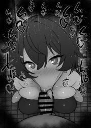 1boy 1girls :>= bare_shoulders big_breasts big_penis black_and_white blowjob blue_archive blush breasts censored dark-skinned_male dark_skin detailed_background dress drooling eyelashes fellatio female gehenna_academy_student haruka_(blue_archive) heart human indoor inside kurotama looking_at_viewer male male_pov oral oral_sex penis ponytail pov problem_solver_68_(blue_archive) room saliva shiny shiny_skin short_hair sketch sound_effects squatting sweat text tied_hair tongue tongue_out vein veins veiny veiny_penis