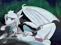 anentheotter anthro areola astra_(anentheotter) aurellia_(silver_guardian) aurora_(phenomenon) balls bite bodily_fluids breasts cum cum_in_vagina cum_inflation cum_inside duo ear_bite female female_penetrated fur genital_fluids genitals green_eyes hair hi_res holding_leg holding_leg_up hybrid impregnation inflation internal intersex intersex/female knot knotted_penis lying male mammal marsupial mountain mustelid night nipples nude on_side open_mouth ottaroo outside_sex ovum ovum_penetration penetration penis sex silver_dragon size_difference sky smile star teeth vaginal vaginal_penetration