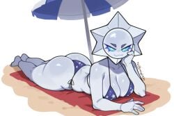 :3 ai_assisted ai_generated ass beach beach_background beach_towel beach_umbrella big_ass big_breasts bikini brawl_stars breasts chaos_drop_(brawl_stars) colored_skin full_body huge_ass looking_at_viewer lying moglotbs on_stomach sand simple_background smile solo solo_female starr_drop_(brawl_stars) supercell swimsuit tagme thick_thighs thighs white_background