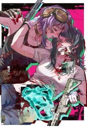 2girls absurdres bang_dream! bang_dream!_it's_mygo!!!!! black_choker black_hair black_tank_top blood blood_on_clothes blood_on_hand blue_eyes blue_shorts border breasts choker drop_shadow fang gloves gun guro hero45439083942 highres holding holding_gun holding_weapon intestines inverted_colors medium_breasts multiple_girls open_mouth organs outside_border partially_fingerless_gloves pink_eyes purple_hair shirt shorts stitching tank_top weapon white_background white_border white_shirt yahata_umiri yuutenji_nyamu