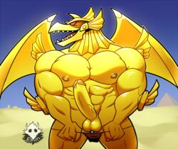 anthro balls clothing desert dragon elfein erection humanoid_penis looking_at_viewer male male_only muscular nipples open_mouth pecs penis red_eyes scalie sharp_teeth solo teeth underwear undressing winged_dragon_of_ra wings yu-gi-oh!