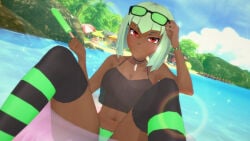 1girls dark-skinned_female emerald_sustrai green_hair green_hair_female half-dressed logang45 pool popsicle red_eyes rwby solo_female sunglasses sunglasses_on_head