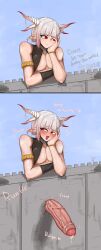 1boy big_penis blush english_text femboy gbgtgm giant giant_femboy giant_male horns huge_cock light-skinned_male light_skin macro male male_focus penis precum red_eyes size_difference text trap
