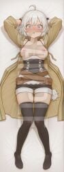 1girls ai_generated arms_up blush breasts clothed clothing dakimakura embarrassed female full_body hi_res high_resolution highres lying lying_on_back lyna_the_light_charmer nipples patreon silver_eyes sleeplessnighty solo solo_focus surprised tagme watermark white_hair yu-gi-oh!