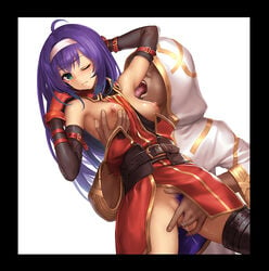 1boy ahoge armpit_licking armpits arms_up bare_shoulders belt blush breasts breasts_out detached_sleeves female fingering fire_emblem fire_emblem:_path_of_radiance fire_emblem:_radiant_dawn fire_emblem_heroes gloves green_eyes hairband headband hood kiran_(fire_emblem) kiran_(fire_emblem)_(male) licking long_hair looking_at_viewer medium_breasts mia_(fire_emblem) nipples one_eye_closed pubic_hair purple_hair pussy pussy_juice takemori_shintarou thighhighs